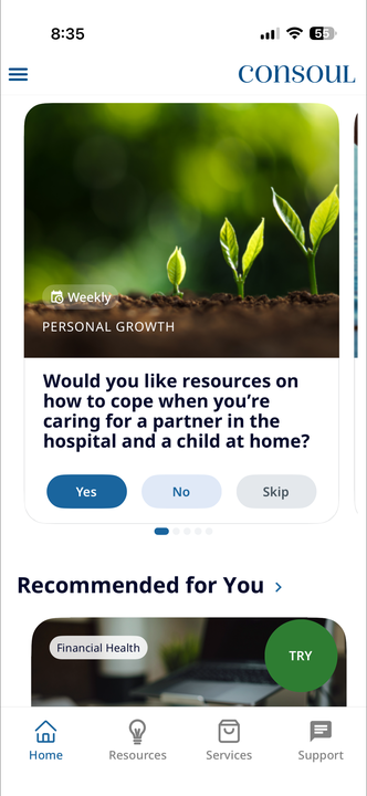 ConSoul app screen: home and weekly growth prompt