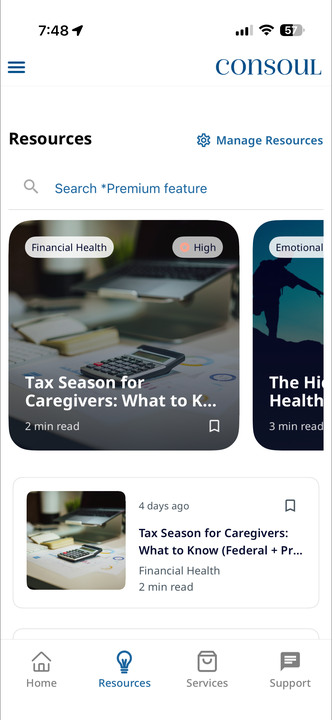 ConSoul app screen: Resources search and article list