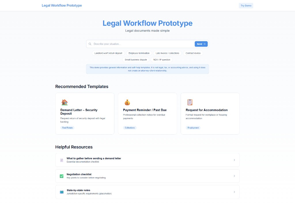 Legal workflow prototype — full-width UI with search, recommended templates, and resources